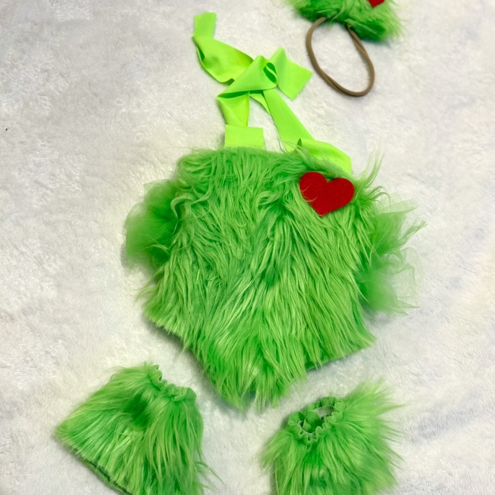 Baby Grinch set. Green Furry Costume Set with Red Heart Accents
